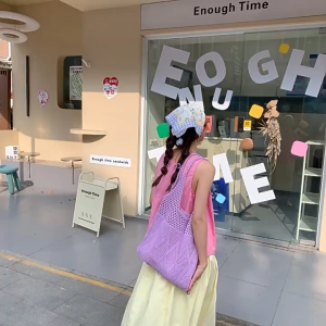 LOOYOYU Tas Rajut Rajutan Warna Solid Tenunan Tangan Baru Yang Dilubangi Tas Bahu Rajut Sastra Kapasitas Besar Tas Tangan Komuter Tote Bag Tote