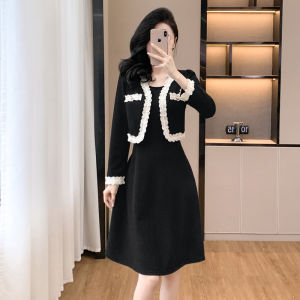 plus Size Autumn New Fashion French Style Slimming Midi Dress Womens Clothing A-Line Skirt Long Sleeve round Neck Solid Color