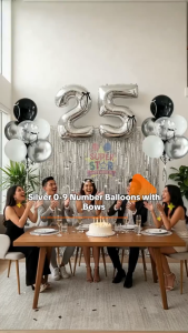 Silver Number Balloon with Colorful Bow Set for Baby Shower Birthday Party Wedding Anniversary Decoration