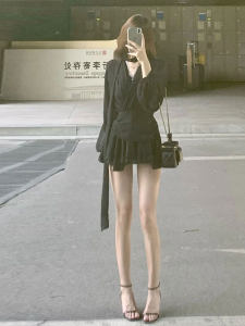 Korean Style Fashionable V-Neck Waist-Cinched Little Black Dress Summer Trend High Waist Draped Asymmetrical Long Sleeve Slim Fit Dress