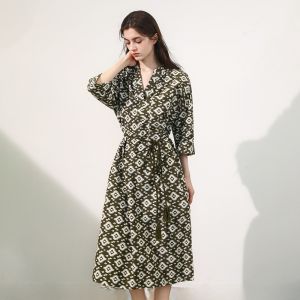 Miccbeirn | Silk Cotton Vintage Diamond Print Dress Slimming V-neck Waist-cinched Midi Skirt A-line Silken Cotton Dress For Women