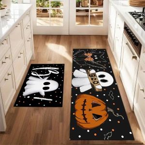 VIKAMA Halloween Kitchen Floor Mat Cute Ghost Pumpkin Black Cat Print Non‑Slip Rug for Holiday Home Indoor Decor