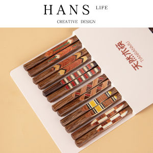 High-End Japanese Style Wooden Chopsticks Set of 6 for Home Use Wingtip Wood Chopsticks Family Special Use Retro Pattern