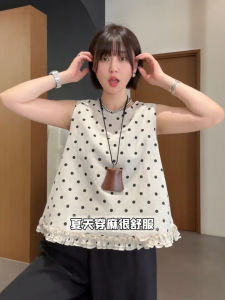 French Polka Dot รัฟเฟิล แขนกุด เสื้อกั๊ก ผู้หญิง ฤดูร้อน 2024 ดีไซน์ ย้อนยุคที่เหมาะสม ทันสมัย เสื้อท่อนบน เรียบหรู ชุดทํางาน ความยาวปกติ