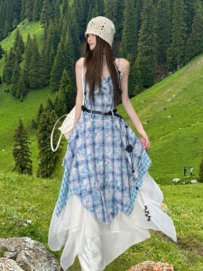 Karrar betsey | Blue Dye Check Irregular Summer Vacation Style Dress Set