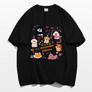 Loose Fit Korean Style Pure Cotton Short Sleeve T-Shirt Womens Harajuku Trendy Brand High Street round Neck Summer INS American Small Audience Top