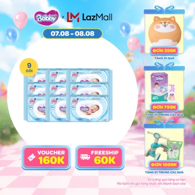 [20g 7-10.8 QUÀ TO]Combo 9 gói khăn ướt Bobby Care không hương 100 miếng/gói