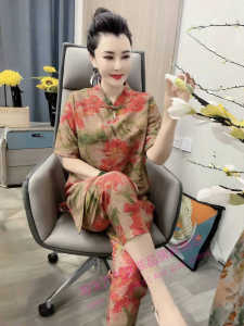 Summer New Vintage National Style Casual Set Womens Meat Covering Simple Loose Button Stand Collar Large Shirt Pants Two Piece Set