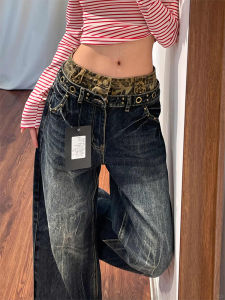 QIANCHANGNAAI | American Vintage Leopard Pattern Double Waistband Slim Straight Jeans Loose