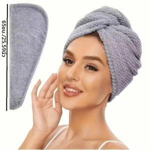 ผ้าขนหนูโพกผมสีพื้น ผ้าคลุมผมแห้งแบบมีเท็กซ์เจอร์ ขนาด 9.8 x 25.5 นิ้ว ผ้าขนหนูโพกผมซับน้ำได้ดีสำหรับผู้หญิงแบบติดกระดุม