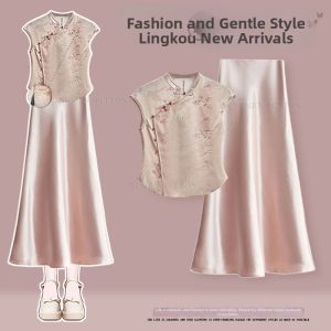NUMEN BUTTON | Plus Size New Chinese Style Elegant Summer Womens Dress Suite