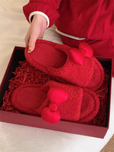 Thin Strip Sweet Bows Birth Year Cotton Slippers Men and Women Winter Couple Indoor Non Slip Wedding Fluffy Slippers