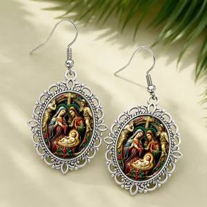 Holy Family Glass Drop Earrings Baroque Silver Tone Religious Nativity Pendant Jewelry For Women Christmas Worship Party Gift