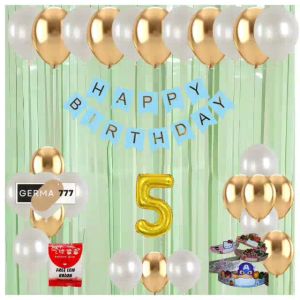Paket Set Dekorasi Pesta Ulang Tahun Anak Balon Gold Putih Banner Happy Birthday Biru Hiasan Dinding