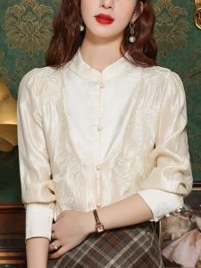 New Chinese Style Heavy Embroidery Womens Shirt Spring Autumn New Style Stand Collar Silk Chiffon Retro Top Casual Loose Fit