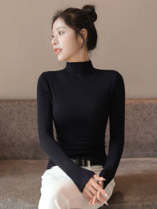 Black Fleece Lined Half High Collar Womens T-Shirt Slim Fit Long Sleeve Inner Wear Commute Style Korean Version Pure Color