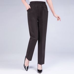 High Waist Elastic Cotton Summer Long Pants Womens Straight Leg Casual Trousers plus Size Comfortable Breathable Thin Pants