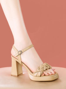 One-Word Sandals with Chunky Heels Womens 2024 New Arrival Summer Dress French Waterproof Platform High Heels Not Tired Feet Genuine Leather