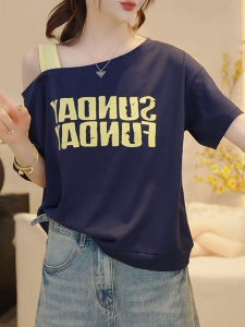 Shalldoer | Korean Letter Print Halter Neck Short Sleeve T-Shirt Womens Summer New Design Trendy Top Straight Cut Thin Round Neck Regular Length