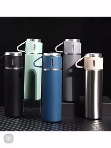 500ml Stainless Steel Vacuum Flask Set with 2 Cups Hot&Cold Retention Water Bottle for Travel Office