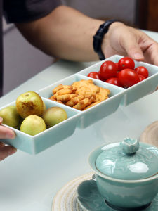 Creative Three Grids Qingbai Porcelain Fruit Dish Dessert Buffet Cold Dish Snack Small Plate Sweet Snack Board Rectangular Shape