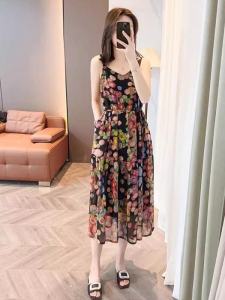 Ice Silk Thin Floral Print Halter Dress Set Womens Spring Summer New Style Slimming Fashionable Ageless V Neck Long Sleeve