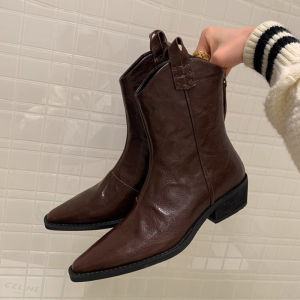 XIANNIWEI | Retro Pointed Toe Wrinkled Brown V-Neck Western Cowboy Boots