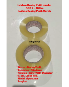 Lakban Bening Putih Jumbo 500 Y - 48 Mm / Lakban Bening Putih Murah / Isolasi