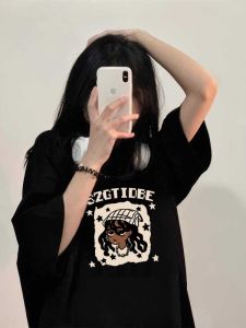 American Retro Black Shoulder Pure Cotton Short Sleeve T-Shirt Women Summer Design Loose Slimming Top Korean Style round Neck