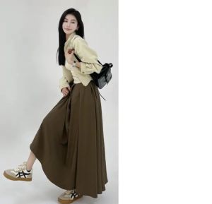 Jian Da Qiang High Waist Pleated Pure Color Womens Autumn New Style Korean Version Slimming Versatile Half Skirt