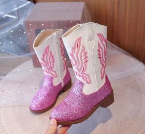 Kids Girls Pink Glitter Western Cowboy Boots Embroidered Design Side Zipper Non-slip Sole for Dress-up & Casual Wear EU Size