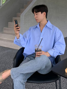 Autumn New Style Mens Long Sleeve Striped Casual Shirt Loose Fit Hong Kong Style Design Sensation Standard Version Iron Free