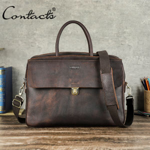 CONTACTS Genuine Leather Briefcase Men Business Casual Retro Crossbody Bag 15.4 inch Laptop Bag Travel Handbag Shoulder Bag