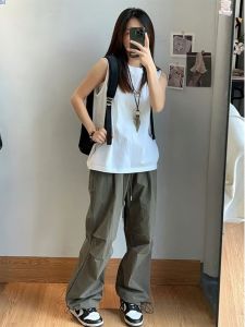 Pure Cotton White Small Cuff Vest Mens Summer Outwear American Sports Waistcoat Heavy Weight Thread Neckline Sleeveless T-Shirt