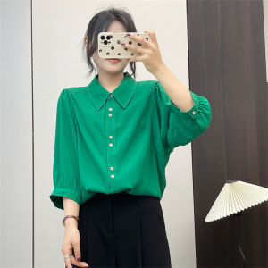 เสื้อเชิ้ตแขนยาวสามส่วนสำหรับผู้หญิงในช่วงต้นฤดูใบไม้ร่วง เสื้อเชิ้ตทำงานสไตล์เกาหลีลำลอง สีสันสดใส ทรงตรง ผ้าโพลีเอสเตอร์