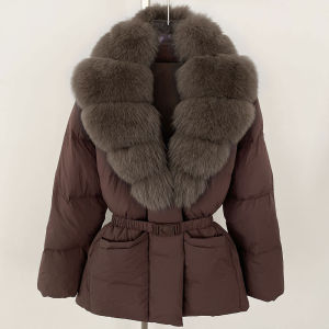 Áo Khoác Phao Nữ Mùa Đông Lông Cáo Thật Kiểu Dáng Thường Ngày Áo Khoác Lông Vũ 90% Lông Vịt Trắng Cổ Chữ V Có Dây Lưng Eo Rộng