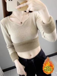 เสื้อสเวตเตอร์ถักหนาแบบมีขนสำหรับผู้หญิงในฤดูหนาว เสื้อชั้นในแบบสวมหัวคอวีแขนยาวปกติ ขนสัตว์ ขนกระต่าย สไตล์ทำงาน