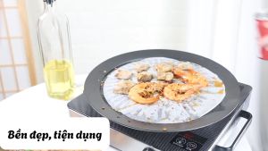 vỉ nướng tròn thép không gỉ chống dính có khay hứng dầu mỡ nướng trên mọi loại bếp