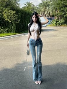 Low Waist Bell Bottom Jeans Womens Retro Hong Kong Style Tummy Control Slimming Long Leggings Distressed Denim Pants