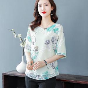 LUCKIN STORE Womens Short Sleeve Chiffon Top Summer New Shirt Printing Fashion Blouses