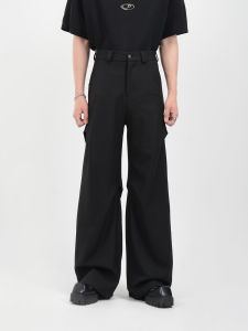 Luce Garment Niche Style Classy Stylish Drape Black Color & Pleats Suit Pants Bootcut Casual Wide Leg Mop Pants