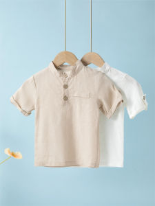 Short Sleeve Polo Shirt for Children Casual Mandarin Collar Solid Color Cotton-Linen Blend Thin Summer
