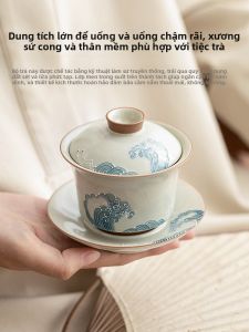 SHUANGYU | Tách Trà Sứ Cao Cấp Vẽ Tự Tay Có Mô Hình Sóng và Nắp