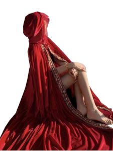 Red Wine Color Long Thickened Hooded Shawl Womens Spring Autumn Landscape Travel Photography Outerwear Velvet Cowl Neck Dress