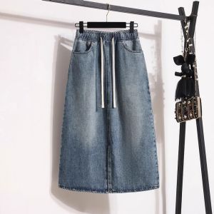 High Waist A-Line Denim Mini Skirt for Women Summer New Style plus Size Drawstring Elastic Waist Split Casual Office Wear