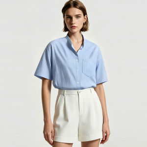 AMII | Leisure Collar Contrast Color Embellished Striped Loose Shirt