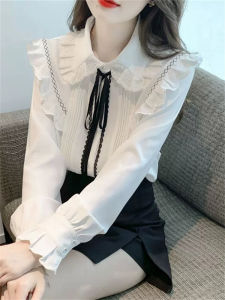 Fashionable Womens Chiffon Shirt Collar Doll Neck Base Shirt Autumn Winter New Style Popular Fashion Top Straight Tube Long Sleeve Lace Blouse