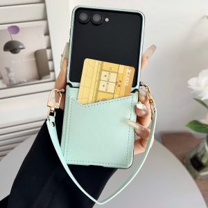 szhaiyu | For Samsung Galaxy Z Flip 8 7E 7 6 5 4 Leather Wallet Shockproof Phone Case With Card Slot With Wrist Strap Chain Soft Cover