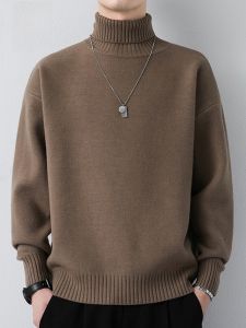 ROMON | Romon Mens High Collar Fleece Lined Loose Fit Casual Thickened Knitwear Winter Fashion Urban Style Long Sleeve Crew Neck Sweater