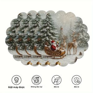 VIKAMA 4PC Tấm Lót Tròn Hình Xe Trượt Tuyết Của Ông Già Noel Cảnh Tuyết Rừng Tuần Lộc Gợn Sóng - Trang Trí Bàn Ăn Bằng Polyester Cho Các Buổi Họp Mặt Gia Đình Và Các Bữa Tiệc